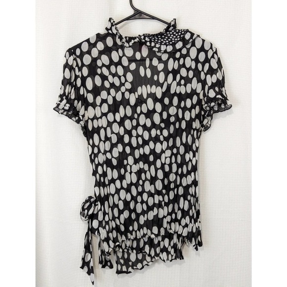 NWOT! SUNNY LEIGH! "SCRUNCHY" BLACK, TAN POLKA DOTS, RUFFLED BLOUSE, TOP! SZ L - Picture 5 of 6